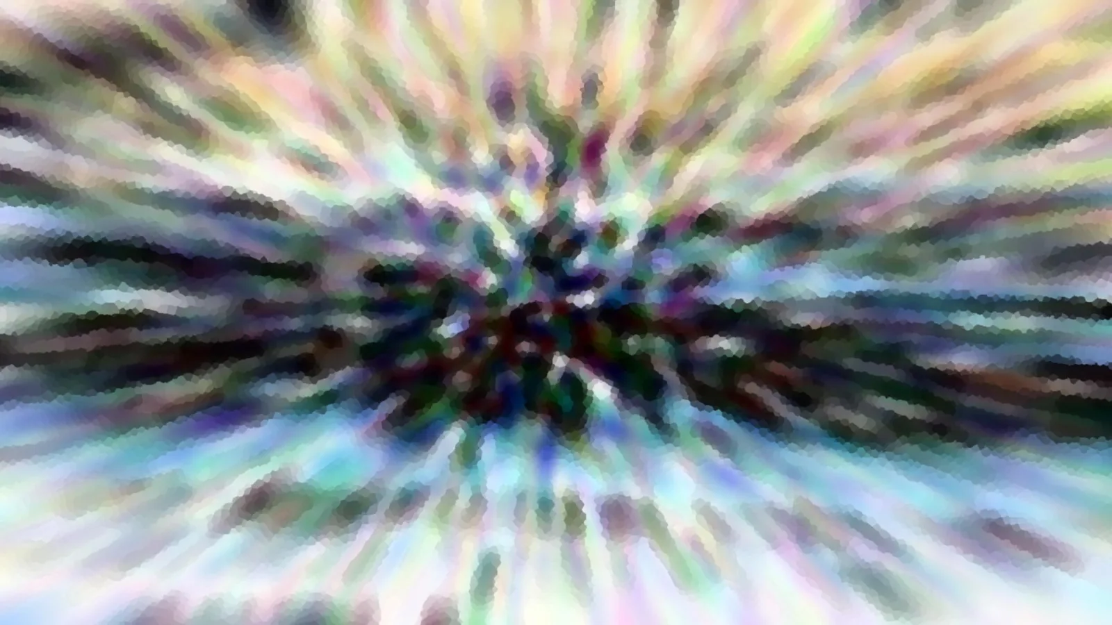 Abstraktes Bild mit radial von einem dunklen Zentrum nach außen verlaufenden Streifen in Pastellfarben wie Rosa, Grün, Blau und Gelb.