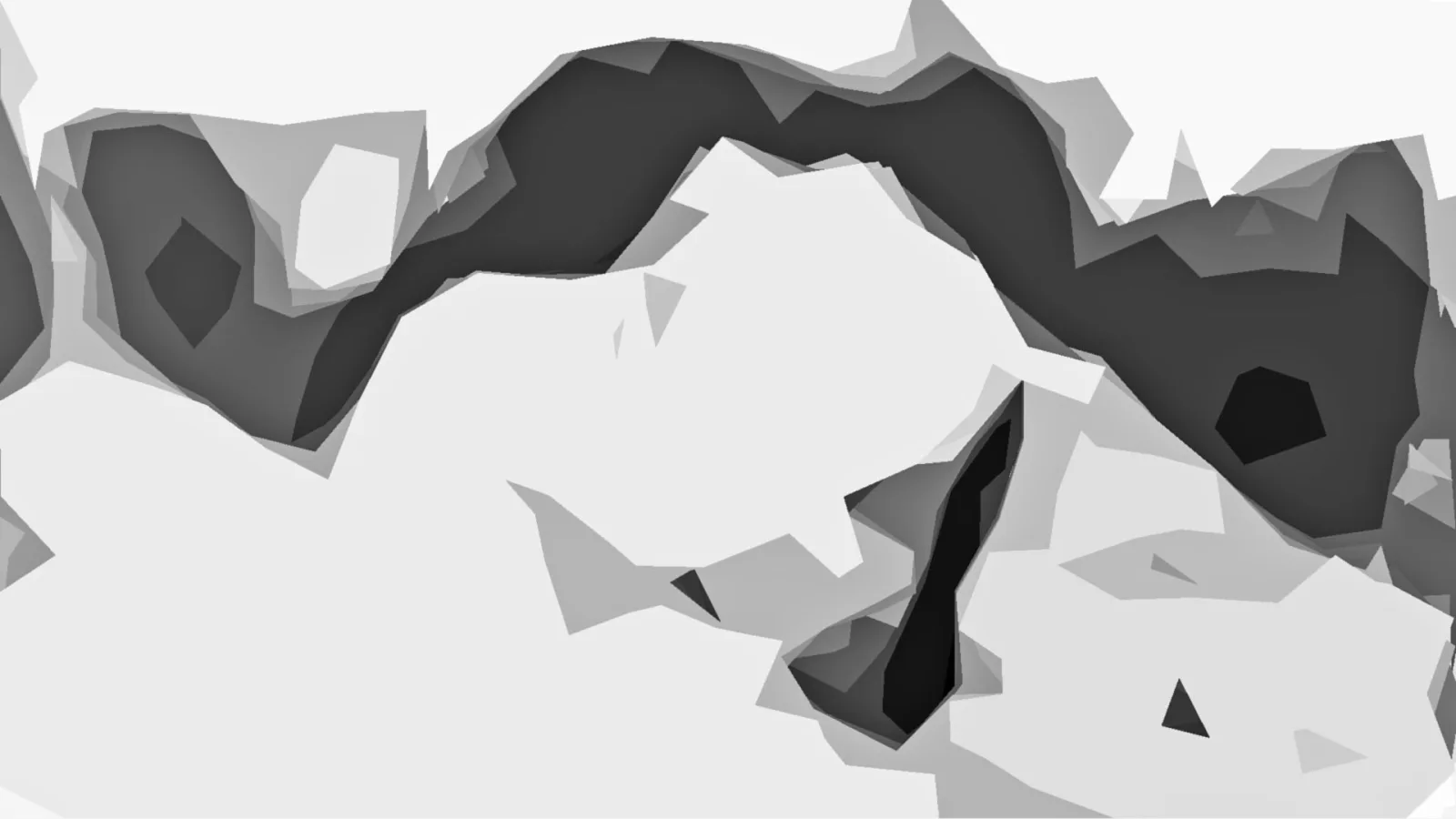 Abstrakte Komposition aus grauen und schwarzen Polygonflächen, die sich wellenförmig quer durch das Bild ziehen, umgeben von hellen Flächen.