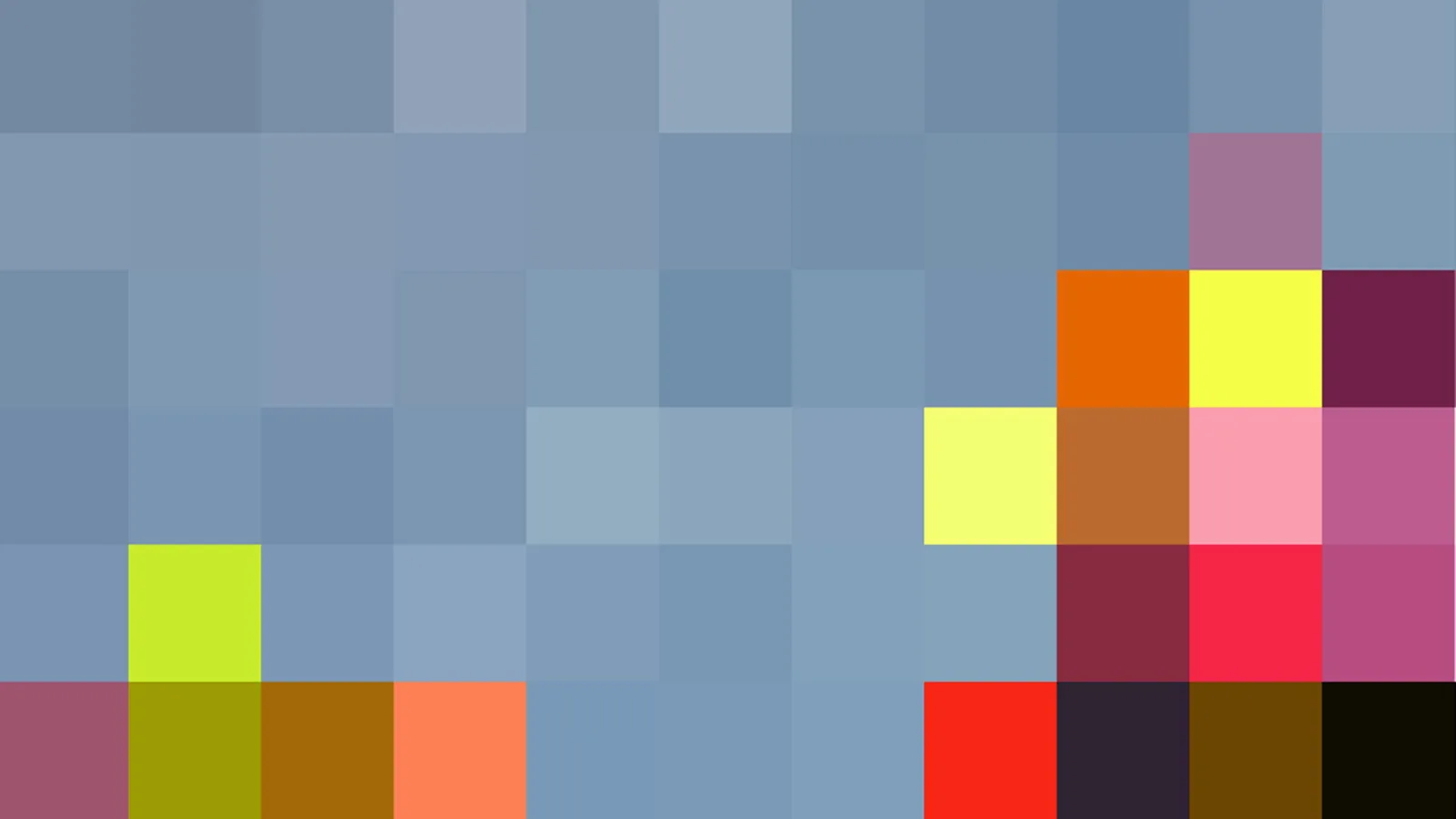 Pixelmosaik aus blau-grauen Feldern, rechts unten in Gelb, Orange, Pink, Rot und dunklen Farbtönen, die ein Porträt andeuten.