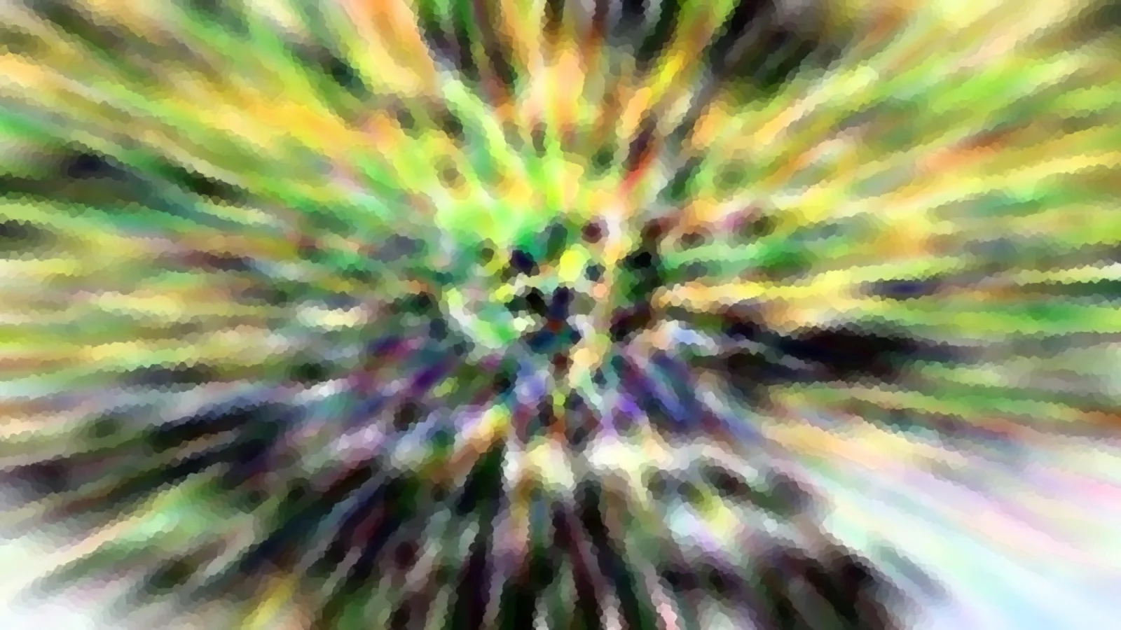 Abstrakte Komposition aus grünen, gelben und violetten Streifen, die von einem dunklen Zentrum radial nach außen verlaufen, mit mosaikartiger Pixelstruktur.