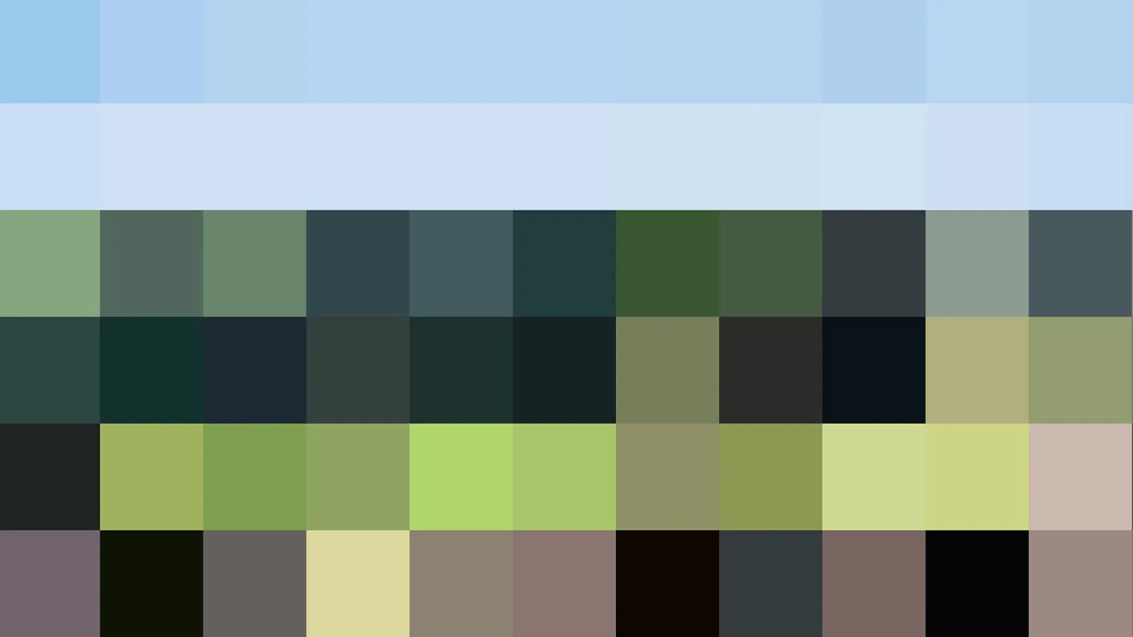 Abstrakte Komposition aus quadratischen Farbfeldern: oben helles Himmelblau, darunter Grün- und Blaugrüntöne, unten Oliv und Beige.