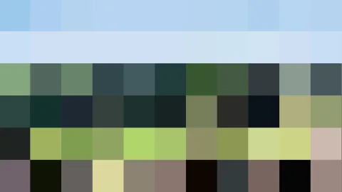 Abstrakte Komposition aus quadratischen Farbfeldern: oben helles Himmelblau, darunter Grün- und Blaugrüntöne, unten Oliv und Beige.