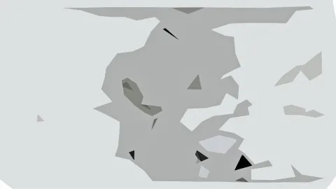 Abstrakte Komposition aus unregelmäßigen grauen Flächen und kleinen schwarzen Dreiecken auf hellgrauem Grund.