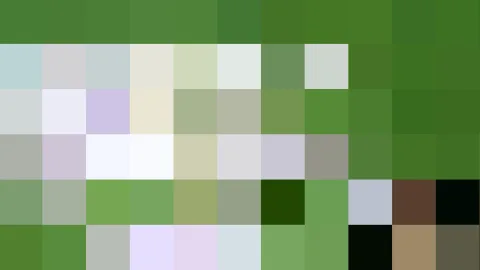 Abstraktes Mosaik aus grünen, weißen, lila und braunen Farbblöcken in einem groben Raster.
