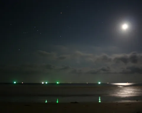 Nachtlandschaft mit Vollmond und Sternen über einem dunklen Meer, auf dem sich das Mondlicht spiegelt. Am Horizont leuchten grüne und weiße Lichter, im Vordergrund liegt ein flacher Sandstrand.