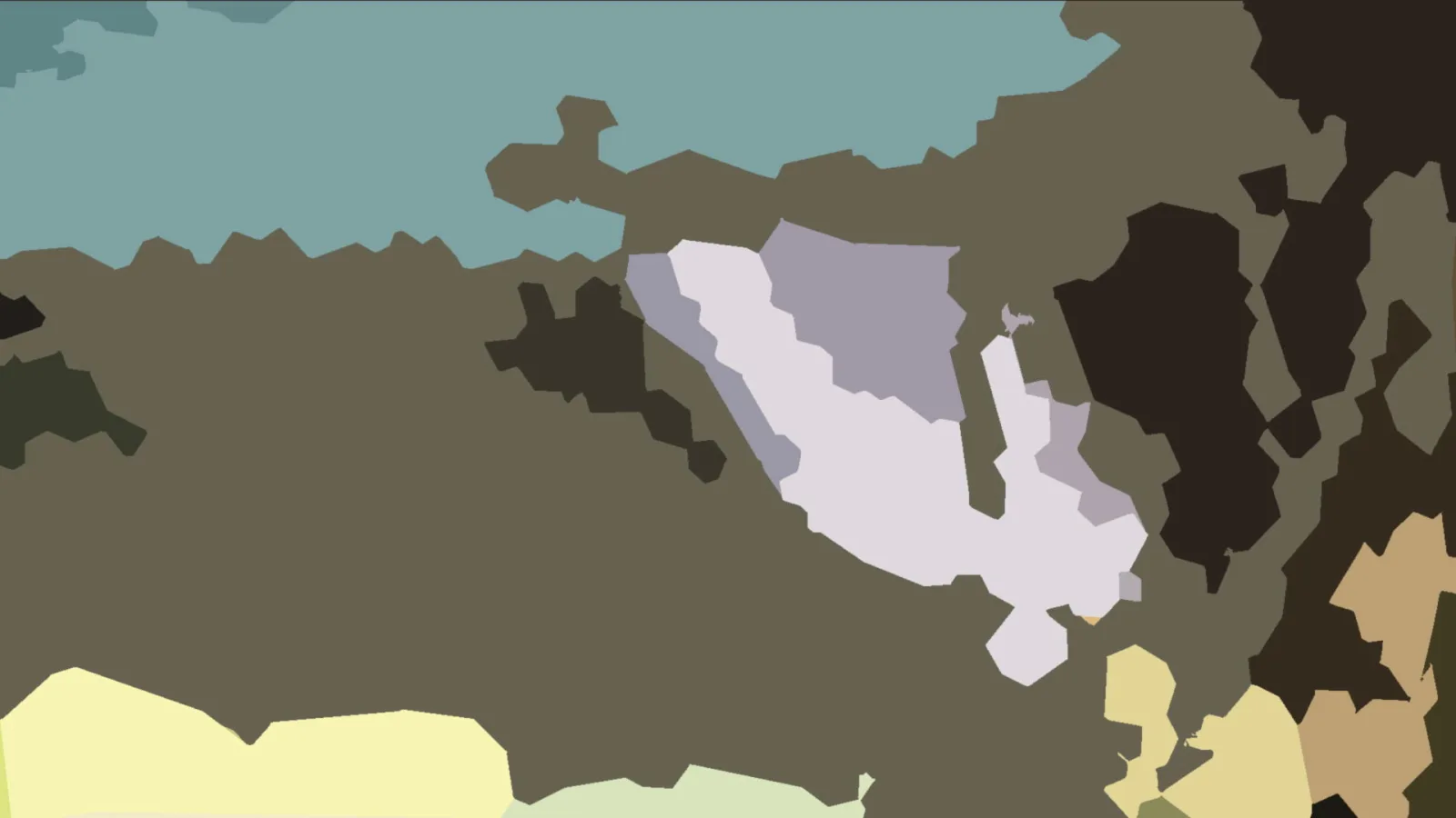Abstrakte Komposition aus flächigen Formen in Türkis, Olivbraun, Dunkelgrün, Gelb und Helllila, die sich in der Bildmitte zu einer hellen, verzweigten Form verdichten.