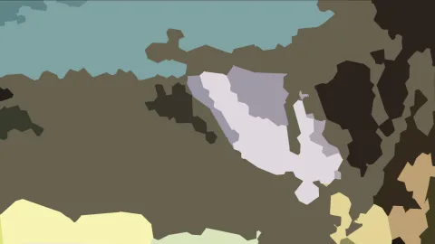 Abstrakte Komposition aus flächigen Formen in Türkis, Olivbraun, Dunkelgrün, Gelb und Helllila, die sich in der Bildmitte zu einer hellen, verzweigten Form verdichten.