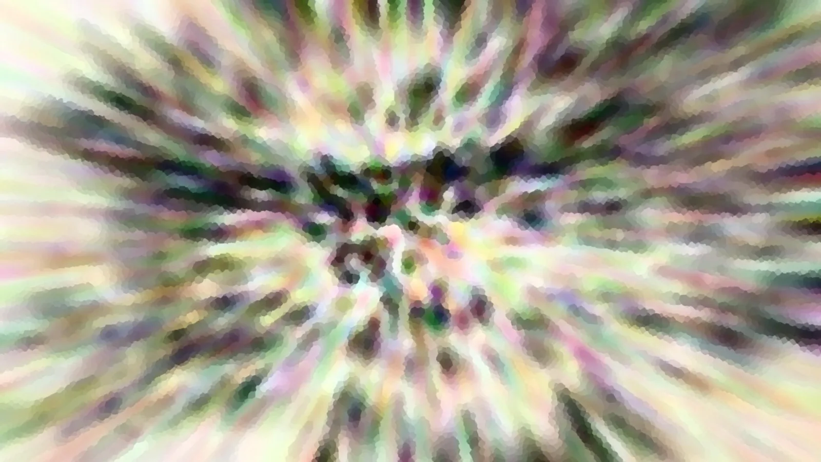 Abstraktes Bild mit radial von der Mitte nach außen laufenden, verwischten Streifen in Pastellfarben wie Grün, Rosa, Lila und Weiß, im Zentrum dunklere Flecken.