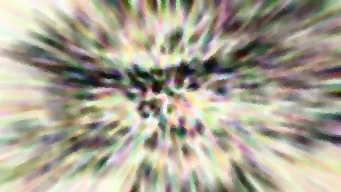 Abstraktes Bild mit radial von der Mitte nach außen laufenden, verwischten Streifen in Pastellfarben wie Grün, Rosa, Lila und Weiß, im Zentrum dunklere Flecken.
