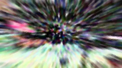Abstrakte Komposition mit radial von einem dunklen Zentrum nach außen laufenden Streifen in Grün, Pink, Weiß und Violett, pixelig verwischt.
