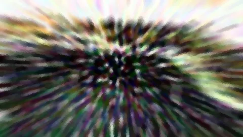 Abstraktes Bild mit farbigen Streifen, die vom dunklen Zentrum radial nach außen laufen, grün, violett und hell gelb