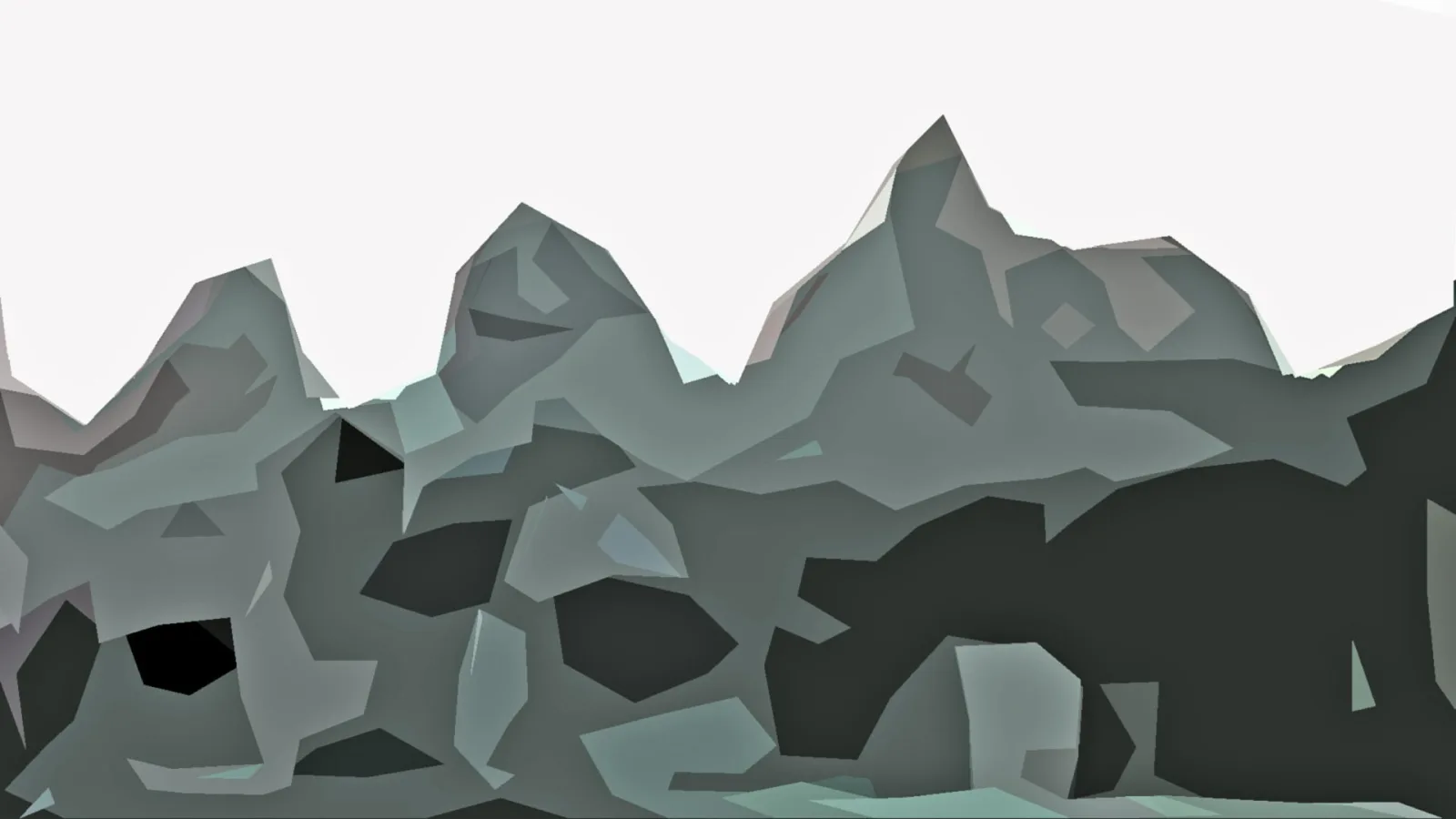 Geometrische, facettierte Felsformationen in Grau- und Grüntönen vor hellem Himmel.