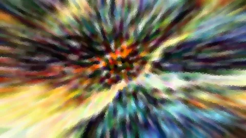 Abstrakte Komposition aus bunten Farbschlieren, die radial von einem orangefarbenen Zentrum nach außen laufen.