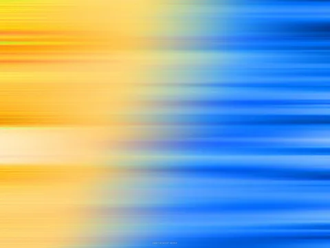 Abstrakte horizontale Streifen mit Bewegungsunschärfe, links warmes Gelb und Orange, rechts kühles Blau, im Übergang in der Mitte grünlich.