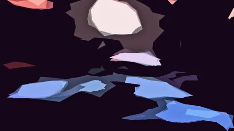 Abstrakte, kantige Formen auf schwarzem Grund: oben eine helle weiße Fläche, darunter rosa und blaue Flächen.
