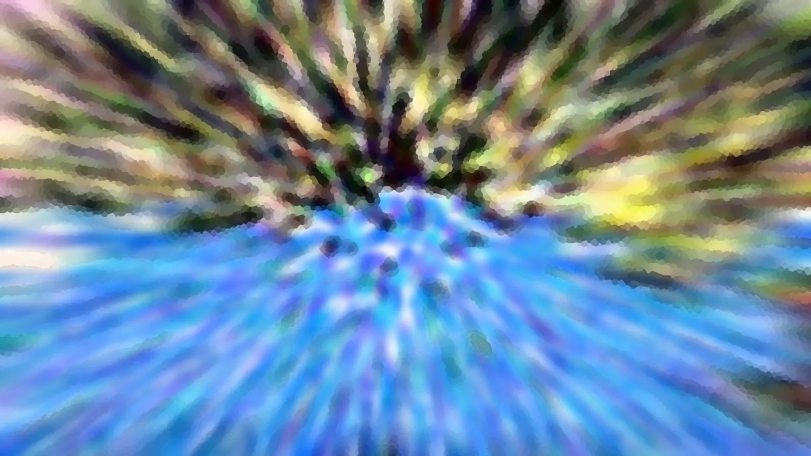 Abstrakte Unschärfe mit radial auseinanderlaufenden Schlieren in Gelb, Grün und Blau, im Zentrum dunkel.