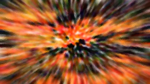 Abstrakte Komposition aus orangefarbenen, roten und dunkelgrünen Streifen, die radial von einem hellen Zentrum nach außen laufen.
