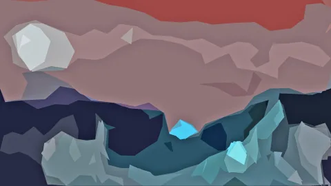 Abstrakte Landschaft aus kantigen Polygonen: rötlich-rosa Fläche, roter Himmelsstreifen oben, weißer Kristall links, dunkelblaue und türkisfarbene Felsformen unten, hellblaue Kristalle im Vordergrund.