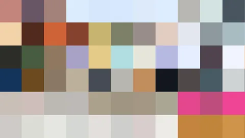 Mosaik aus rechteckigen Farbfeldern in Pastellblau, Beige, Grau, Erdtönen und Pink, in sechs Zeilen angeordnet.