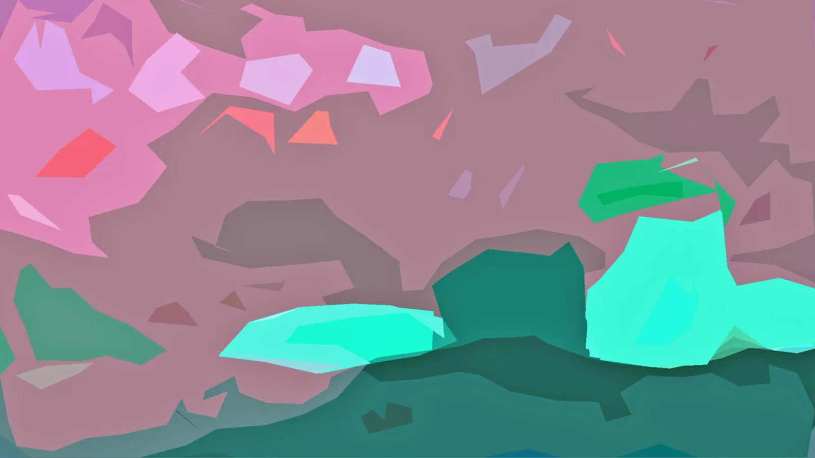 Abstrakte Komposition aus flachen, unregelmäßigen Polygonen in Rosa, Lila, Koralle, Mint und Dunkelgrün auf mauvefarbenem Grund.