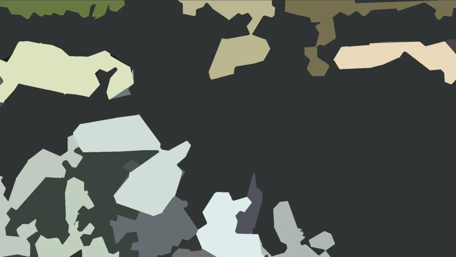 Abstrakte Komposition aus unregelmäßigen, flächigen Formen in Grün, Beige, Grau und Hellgrau auf dunklem Hintergrund.