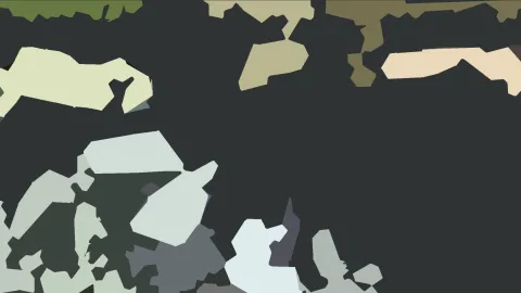 Abstrakte Komposition aus unregelmäßigen, flächigen Formen in Grün, Beige, Grau und Hellgrau auf dunklem Hintergrund.