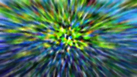 Abstrakte Komposition aus radial von der Mitte nach außen laufenden Streifen in Grün, Blau, Gelb und Schwarz, mit mosaikartiger Körnung.