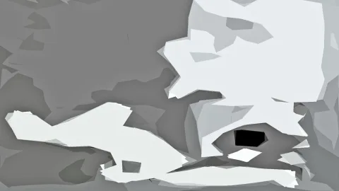 Abstrakte Komposition aus grauen und weißen Flächen mit einem schwarzen Fleck rechts unten