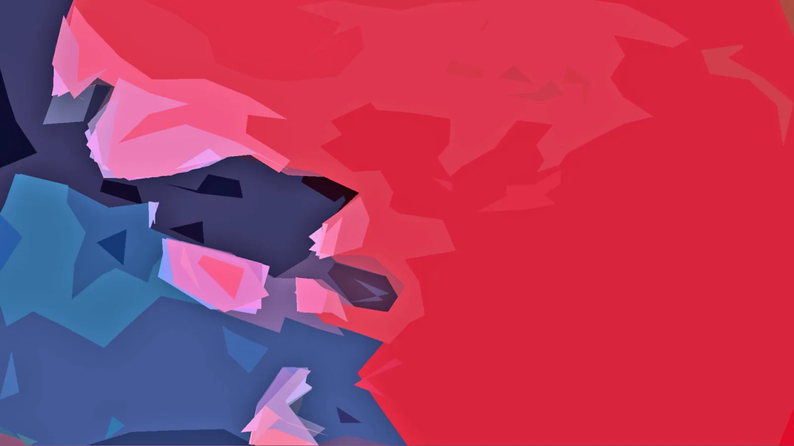 Abstrakte Komposition aus kantigen, flächigen Formen in Rot, Pink, Blau und Dunkelblau, die sich überlappen.