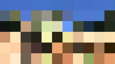 Abstraktes Rastermuster aus farbigen Quadraten: oben eine durchgehend blaue Reihe, darunter Felder in Grün, Beige, Braun und Dunkelgrau.