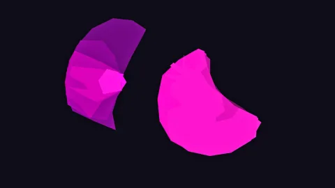 Zwei sichelförmige Flächen in Magenta und Pink aus facettierten Dreiecken auf dunklem Hintergrund.