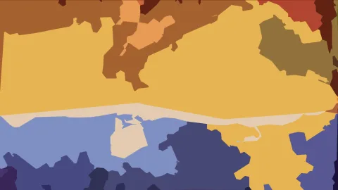 Abstrakte Komposition aus unregelmäßigen, scharf getrennten Flächen in Gelb, Braun, Hellblau, Cremeweiß und Dunkelblau.