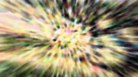Abstrakte Komposition aus radial auseinanderlaufenden Pastellstrichen mit einem körnigen Mosaik-Effekt und einem hellen Zentrum