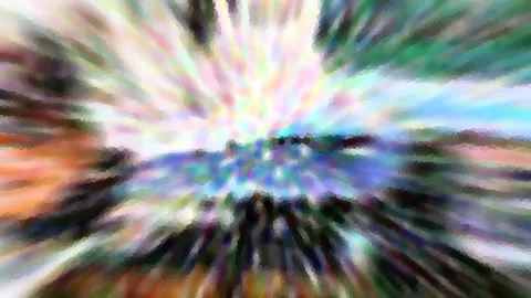 Abstrakte Komposition aus radial von der Mitte ausstrahlenden Streifen in Rosa, Grün, Orange und Blau, mosaikartig pixelig.