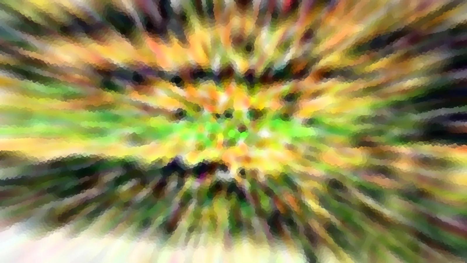 Abstrakte Komposition aus gelben, grünen und dunklen Farbstrahlen, die von einem hellgrünen Zentrum radial nach außen verlaufen, mit mosaikartiger Pixelstruktur.
