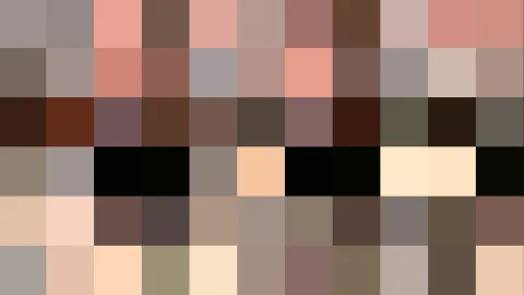 Mosaik aus quadratischen Pixelblöcken in Hell- und Dunkelbraun, Rosa und Schwarz, in sechs Reihen angeordnet.