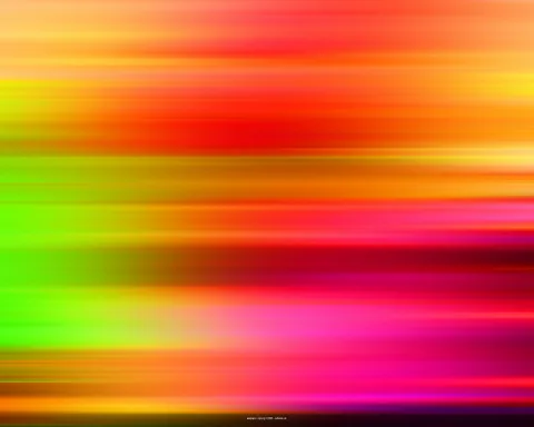 Abstrakte Komposition aus waagerechten, verwischten Farbstreifen in Gelb, Orange, Rot, Grün und Magenta, unten in dunklem Braunrot.