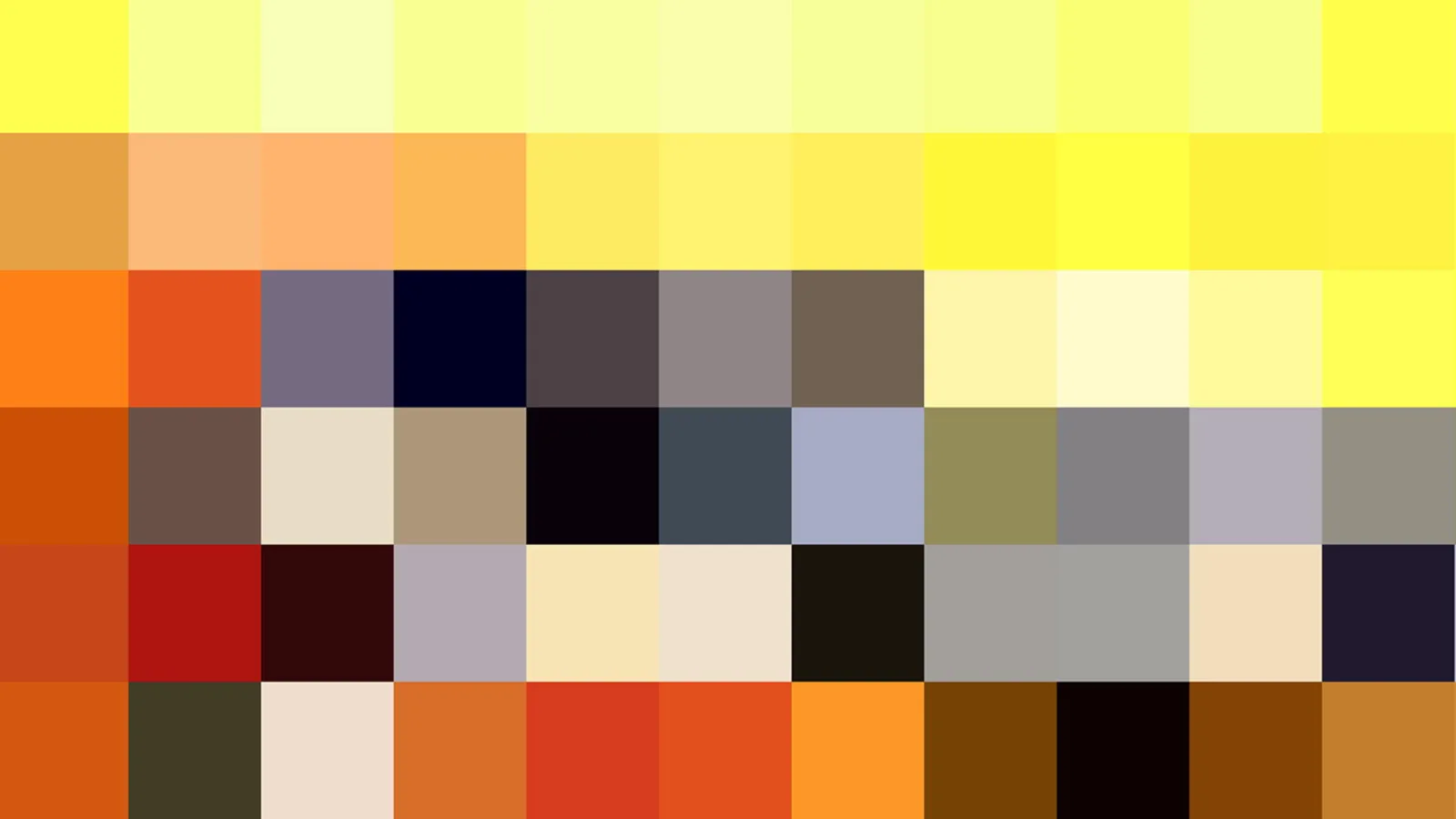 Raster aus quadratischen Farbfeldern in Gelb, Orange, Braun, Grau, Schwarz und Beige, die dicht nebeneinander liegen.