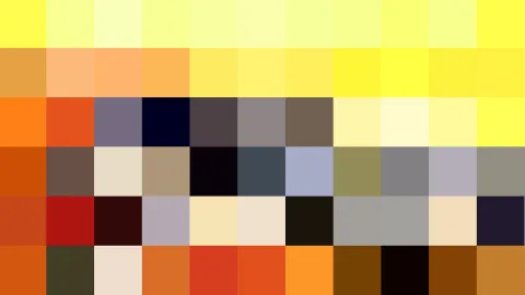 Raster aus quadratischen Farbfeldern in Gelb, Orange, Braun, Grau, Schwarz und Beige, die dicht nebeneinander liegen.
