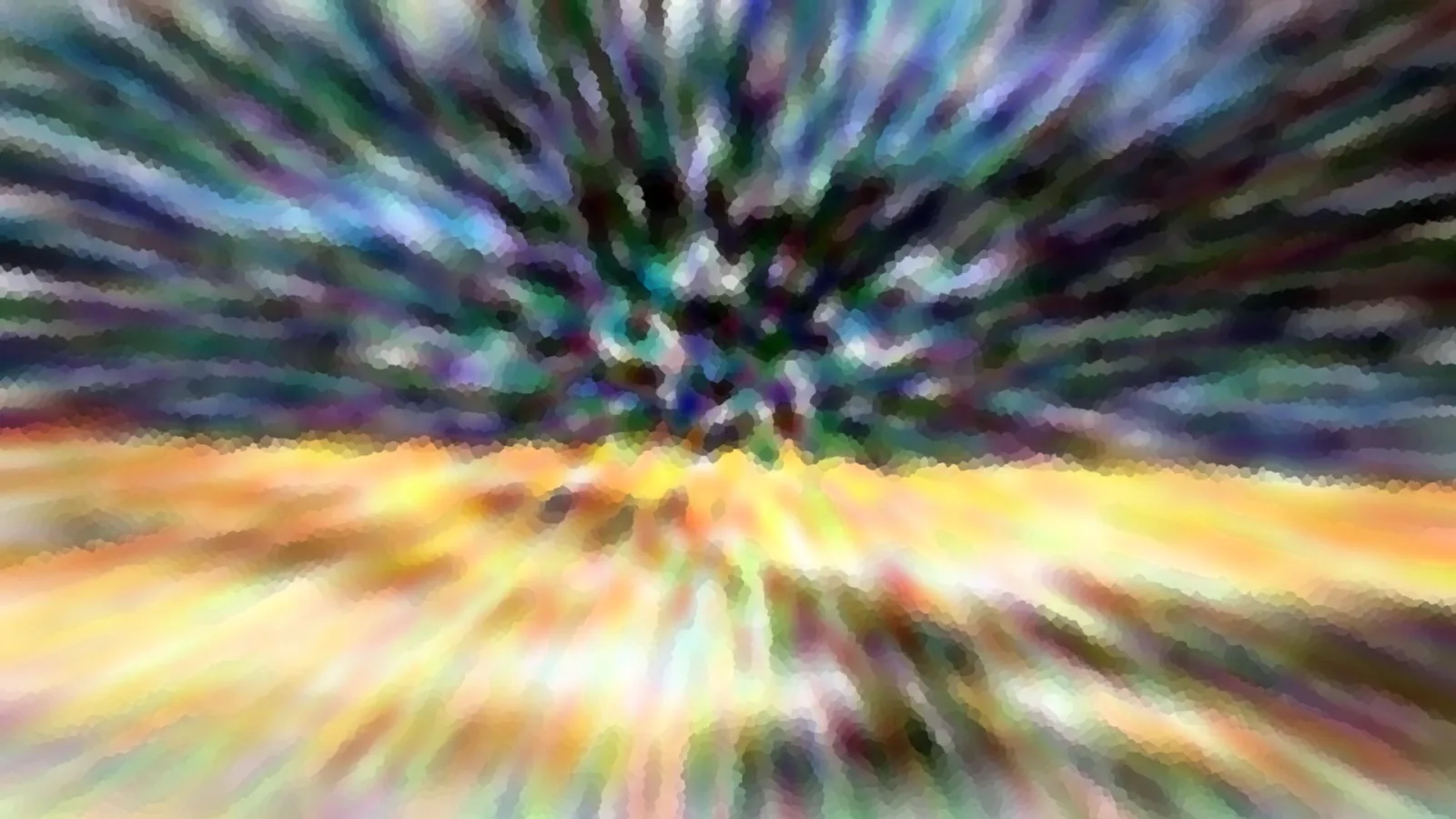 Abstrakte Komposition aus bunten, radial vom Zentrum ausstrahlenden Streifen in Blau, Grün, Violett und Gelb, unten in warmes Gelb und Orange übergehend.