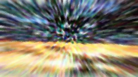 Abstrakte Komposition aus bunten, radial vom Zentrum ausstrahlenden Streifen in Blau, Grün, Violett und Gelb, unten in warmes Gelb und Orange übergehend.