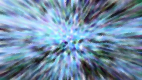 Abstrakte Komposition aus blauen, türkisfarbenen und violetten Streifen, die von einem hellen Zentrum radial nach außen laufen.