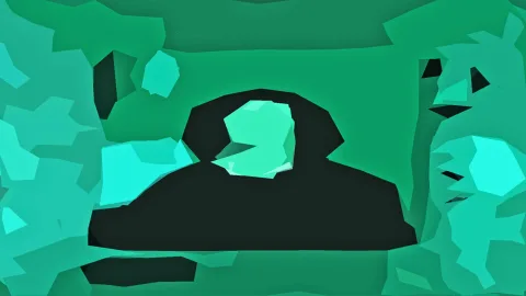 Abstrakte Komposition aus grünen und türkisfarbenen polygonalen Flächen mit einer großen, dunklen, wulstigen Form in der Mitte, die einen hellen türkisen Einschnitt hat.