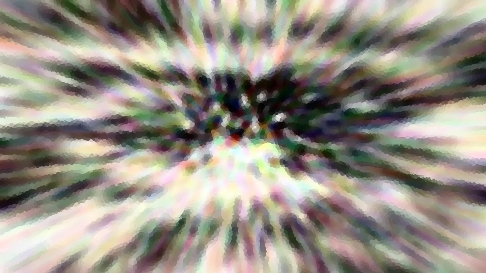 Abstraktes Bild mit radial von einem dunklen Zentrum nach außen verlaufenden, bunt schimmernden Streifen in Grün, Rosa, Weiß und Violett, leicht pixelig verwischt.