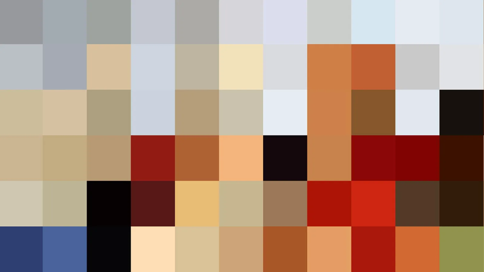Mosaik aus quadratischen Farbfeldern in Grau, Beige, Rot, Schwarz, Blau und Orange, in unregelmäßiger Anordnung über das gesamte Bild verteilt.