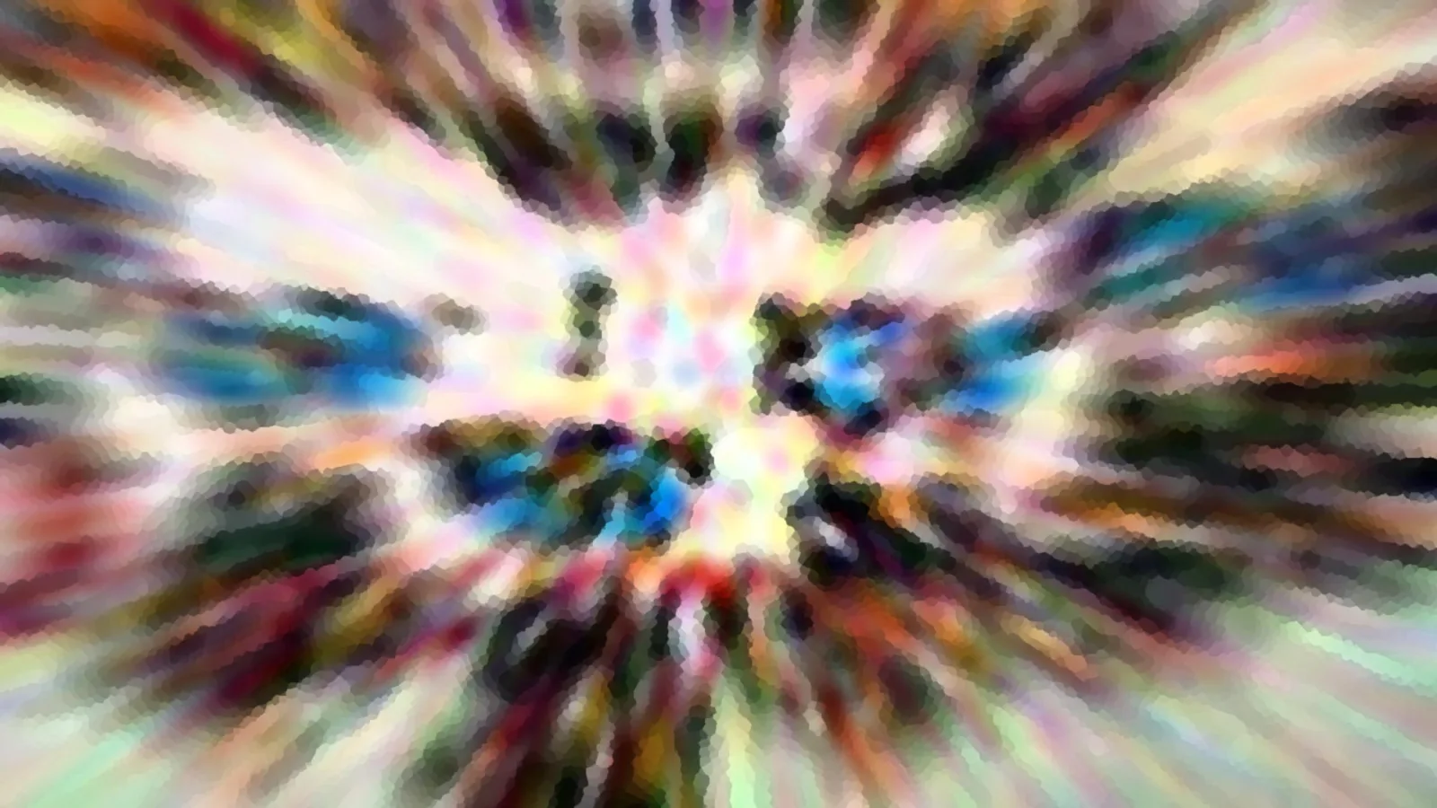 Abstrakte Komposition aus bunten, radial nach außen verwischten Farbstreifen und groben Pixelblöcken mit hellem Zentrum.