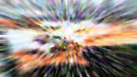Abstrakte Komposition aus radial von einem hellen Zentrum ausgehenden Schlieren in Violett, Orange, Grün und Weiß, pixelig verwaschen.
