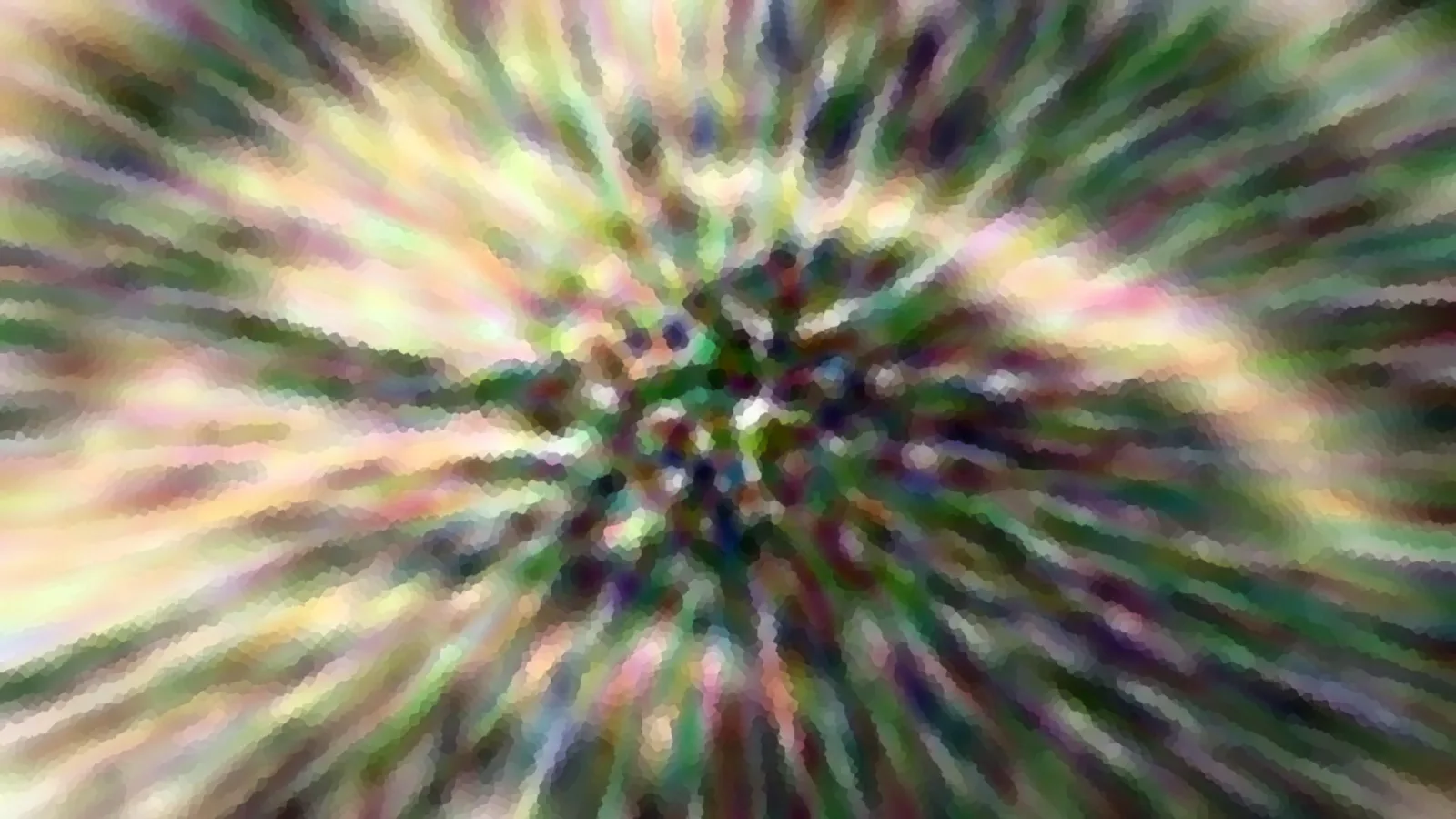 Abstrakte radiale Unschärfe mit grünen, rosa und gelben Farbstreifen, die zur dunklen Mitte hin zusammenlaufen.