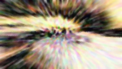 Abstraktes Bild mit radial verlaufenden, pastellfarbenen Streifen in Grün, Gelb, Rosa und Schwarz, die vom Zentrum nach außen strahlen.