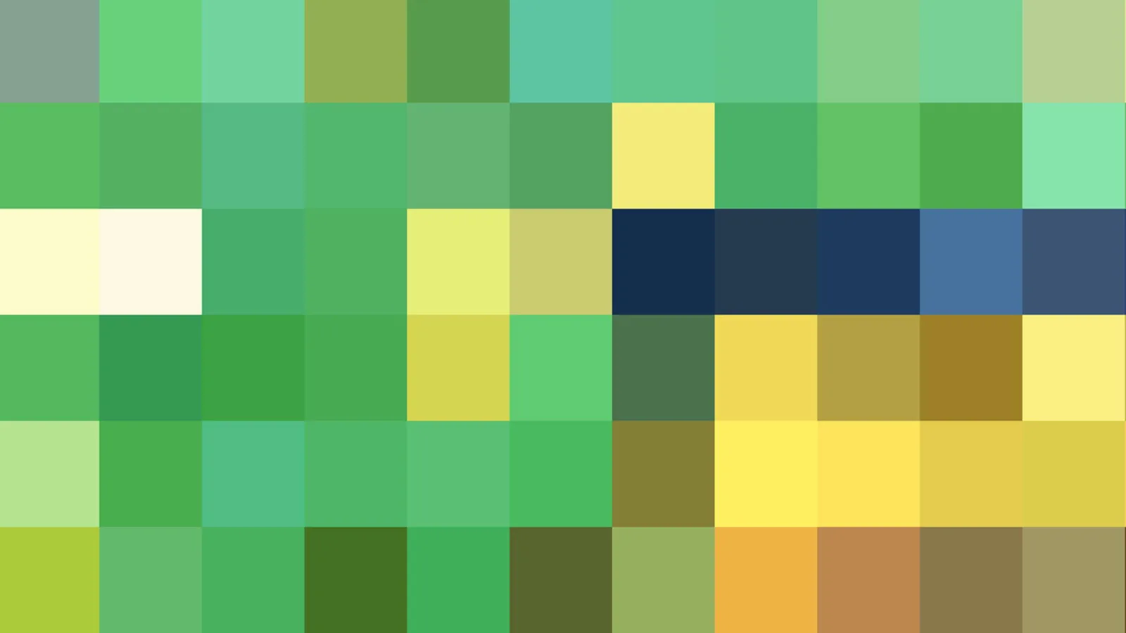 Abstraktes Mosaik aus quadratischen Farbfeldern in Grün, Gelb, Dunkelblau und Ocker.